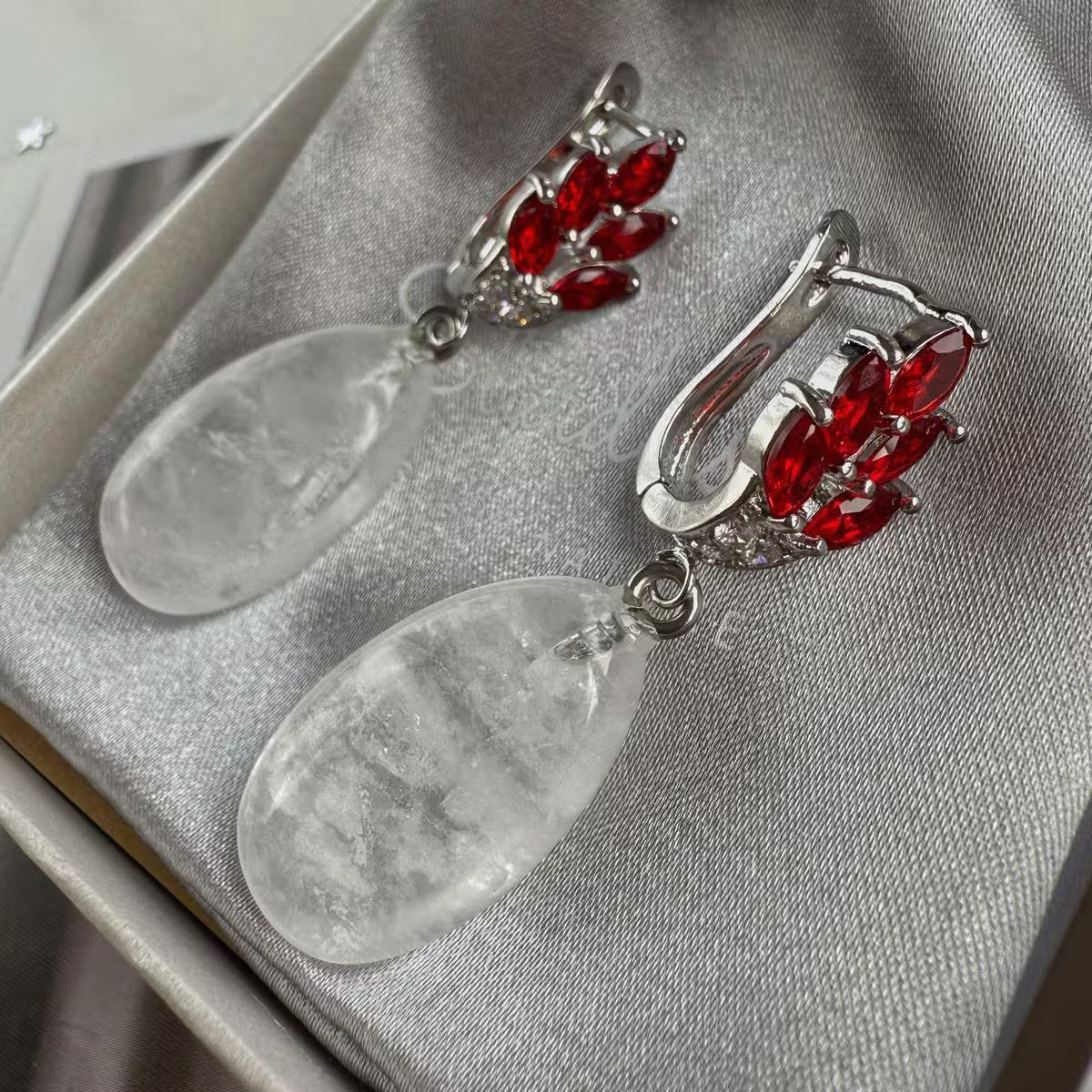 Natural Clear Quartz Drop Earrings with Red Zircons