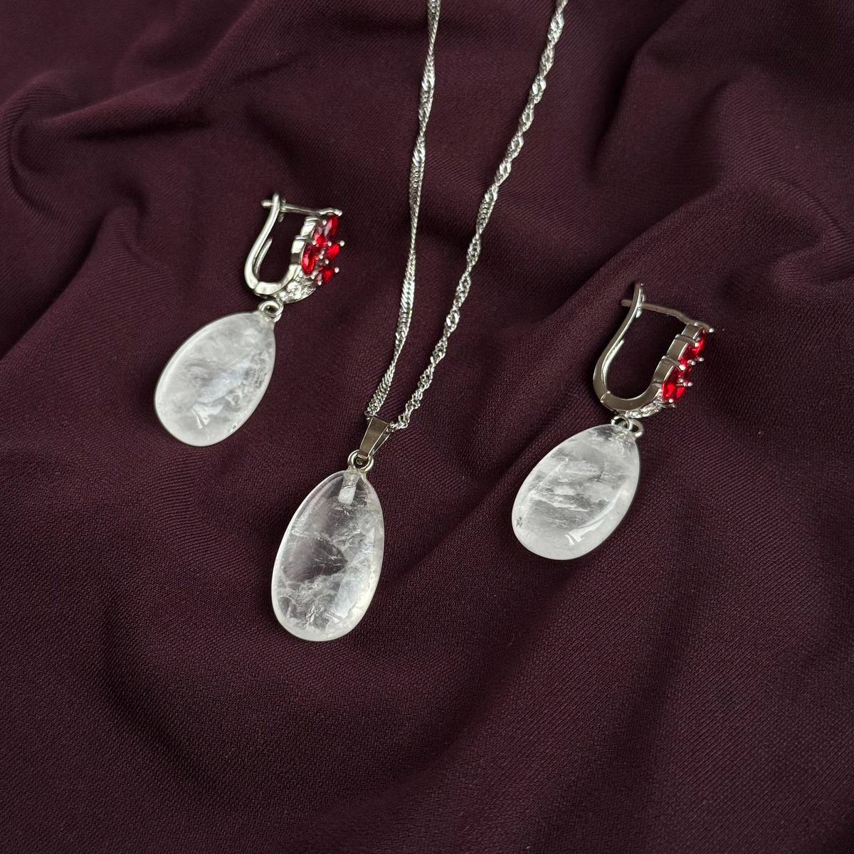 Natural Clear Quartz Drop Necklace | Pendant & Earrings Set