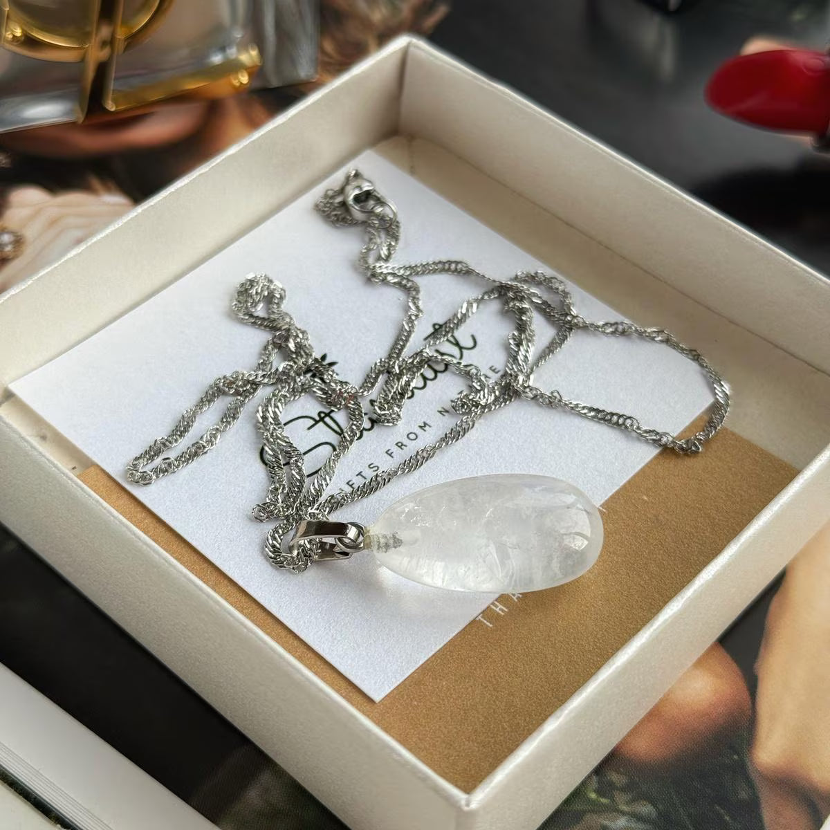 Natural Clear Quartz Drop Necklace | Pendant & Earrings Set