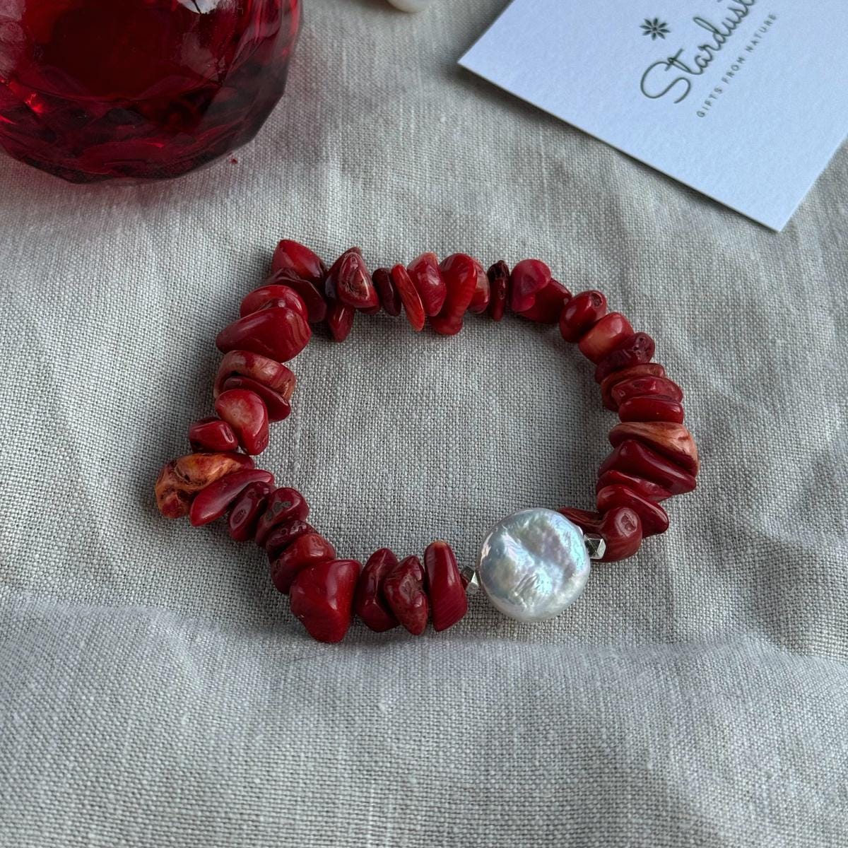 Elegant Red Coral chip bracelet with Baroque Pearl