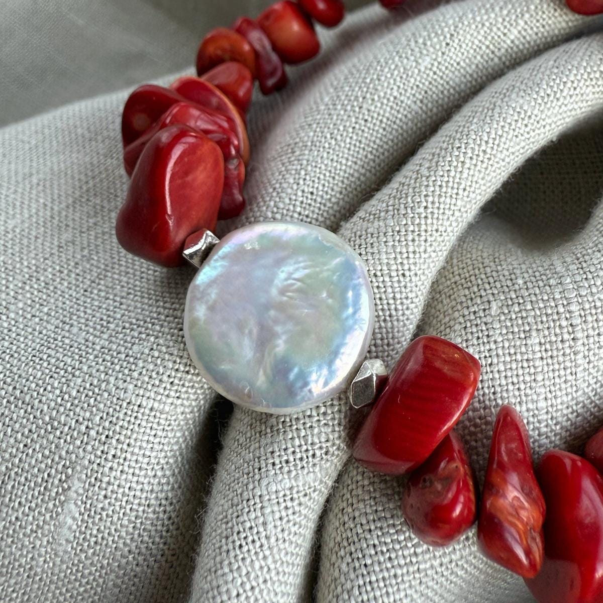 Elegant Red Coral chip bracelet with Baroque Pearl