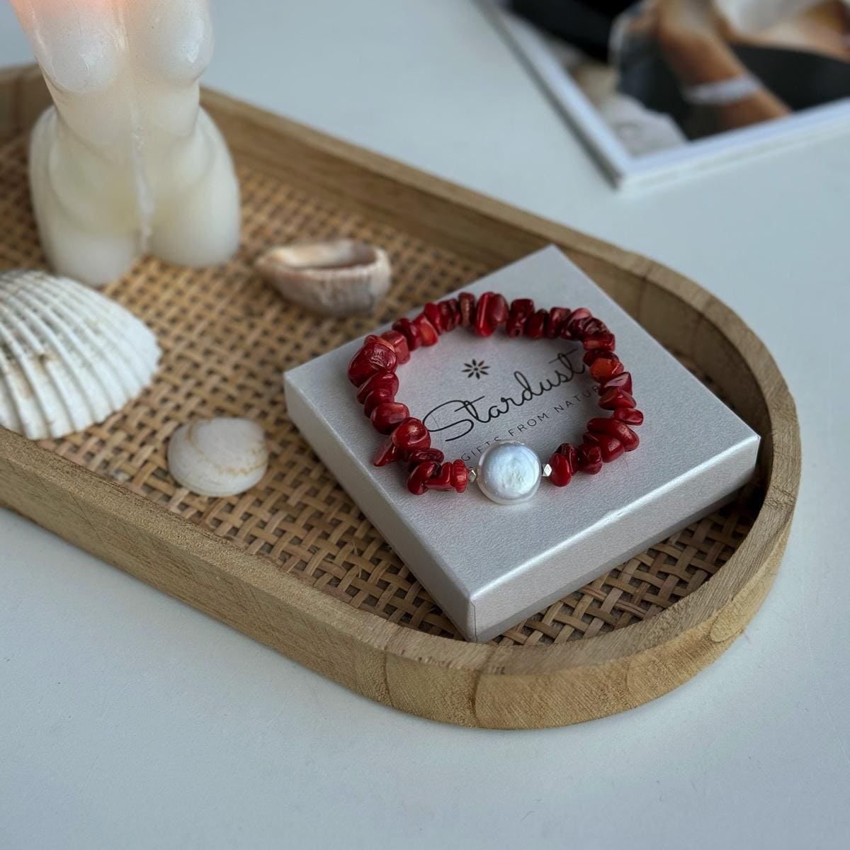 Elegant Red Coral chip bracelet with Baroque Pearl