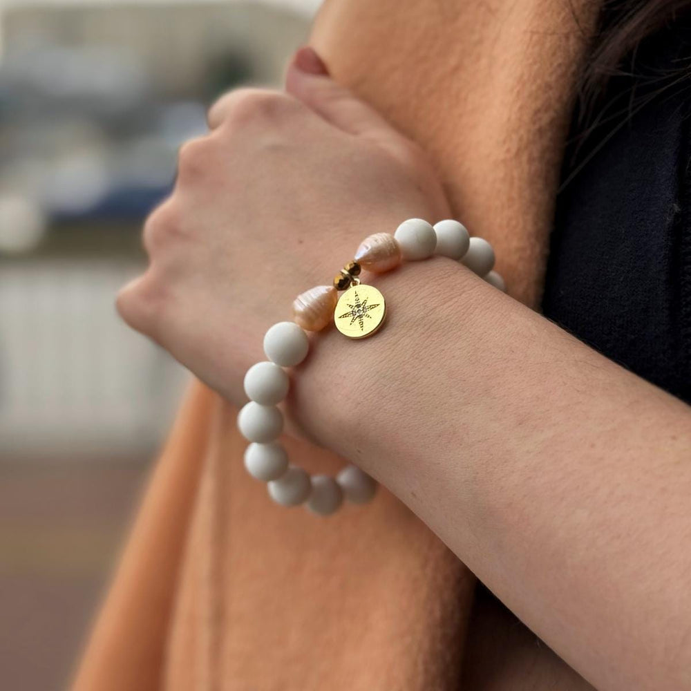 Luxury White Coral beaded bracelet with creamy pearls