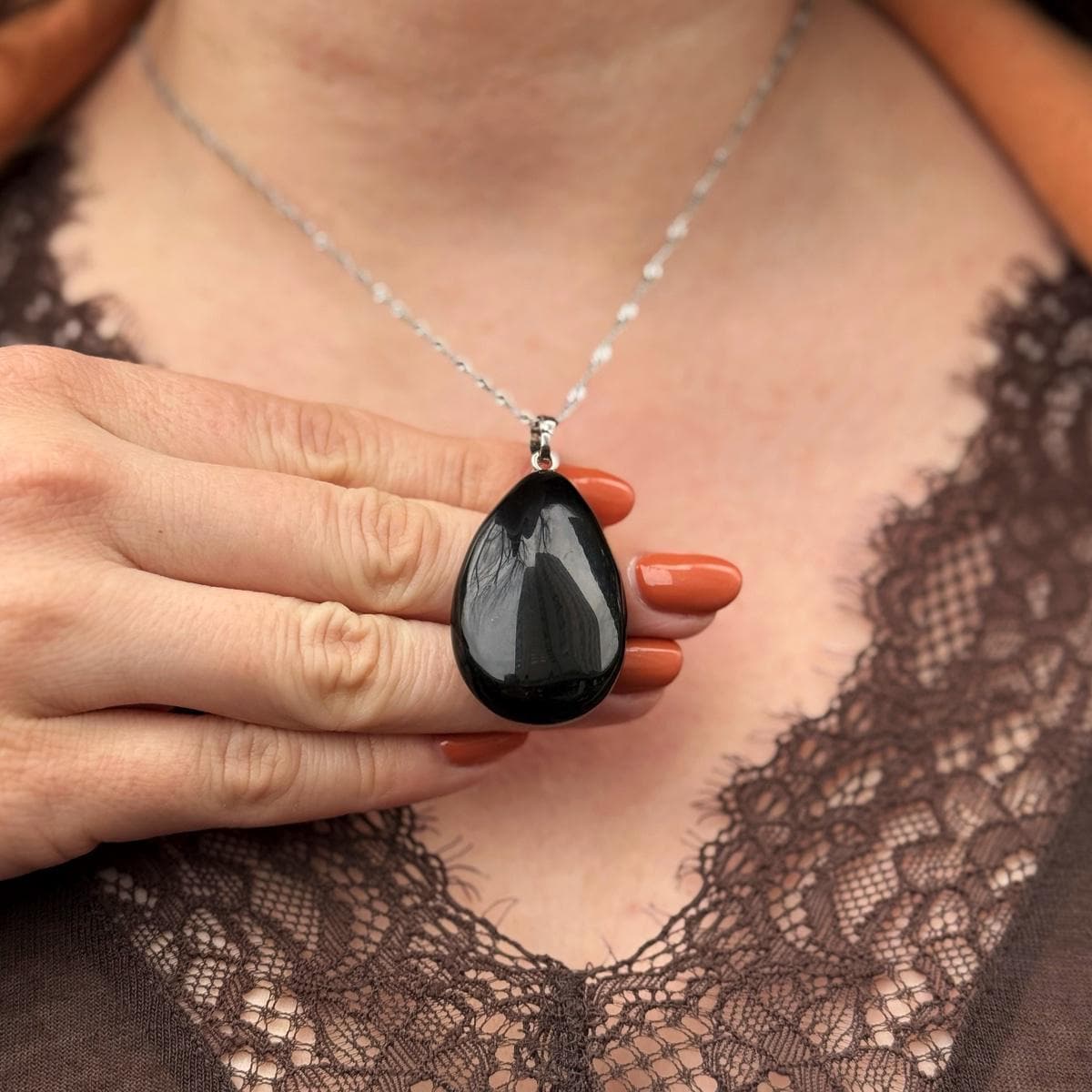 Jet Black Genuine Obsidian drop pendant 4cm