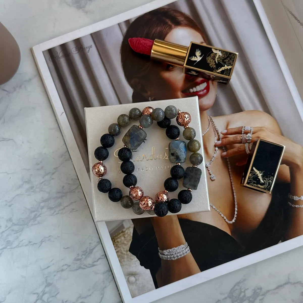 Labradorite Lava Rose Gold Bracelet Stack, Boho Natural Aromatherapy Gemstone Bracelet