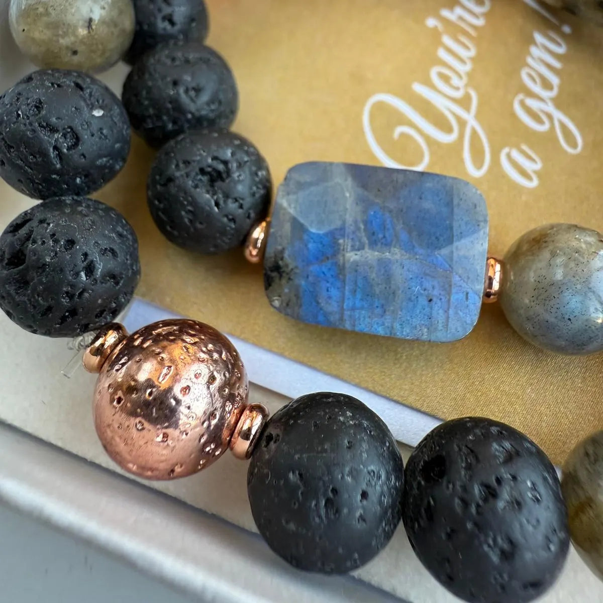 Labradorite Lava Rose Gold Bracelet Stack, Boho Natural Aromatherapy Gemstone Bracelet