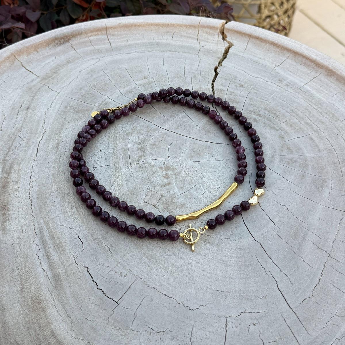 Garnet Double Layer Necklace, Gold Layered Gemstone Necklace, Natural Garnet Jewelry, 18K Gold Plated