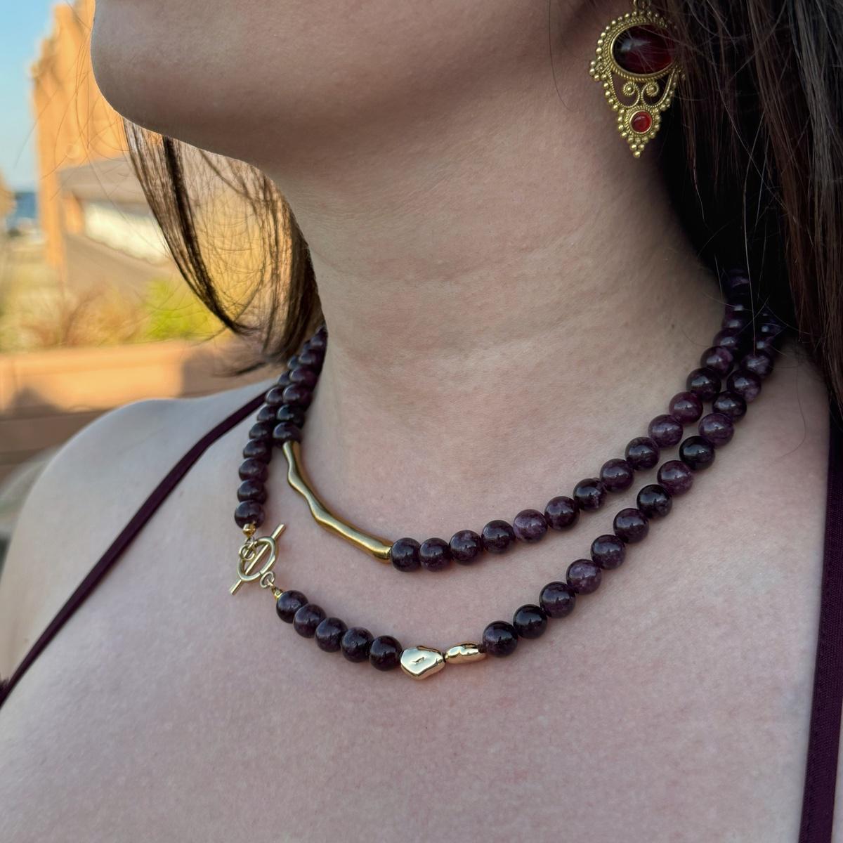 Garnet Double Layer Necklace, Gold Layered Gemstone Necklace, Natural Garnet Jewelry, 18K Gold Plated