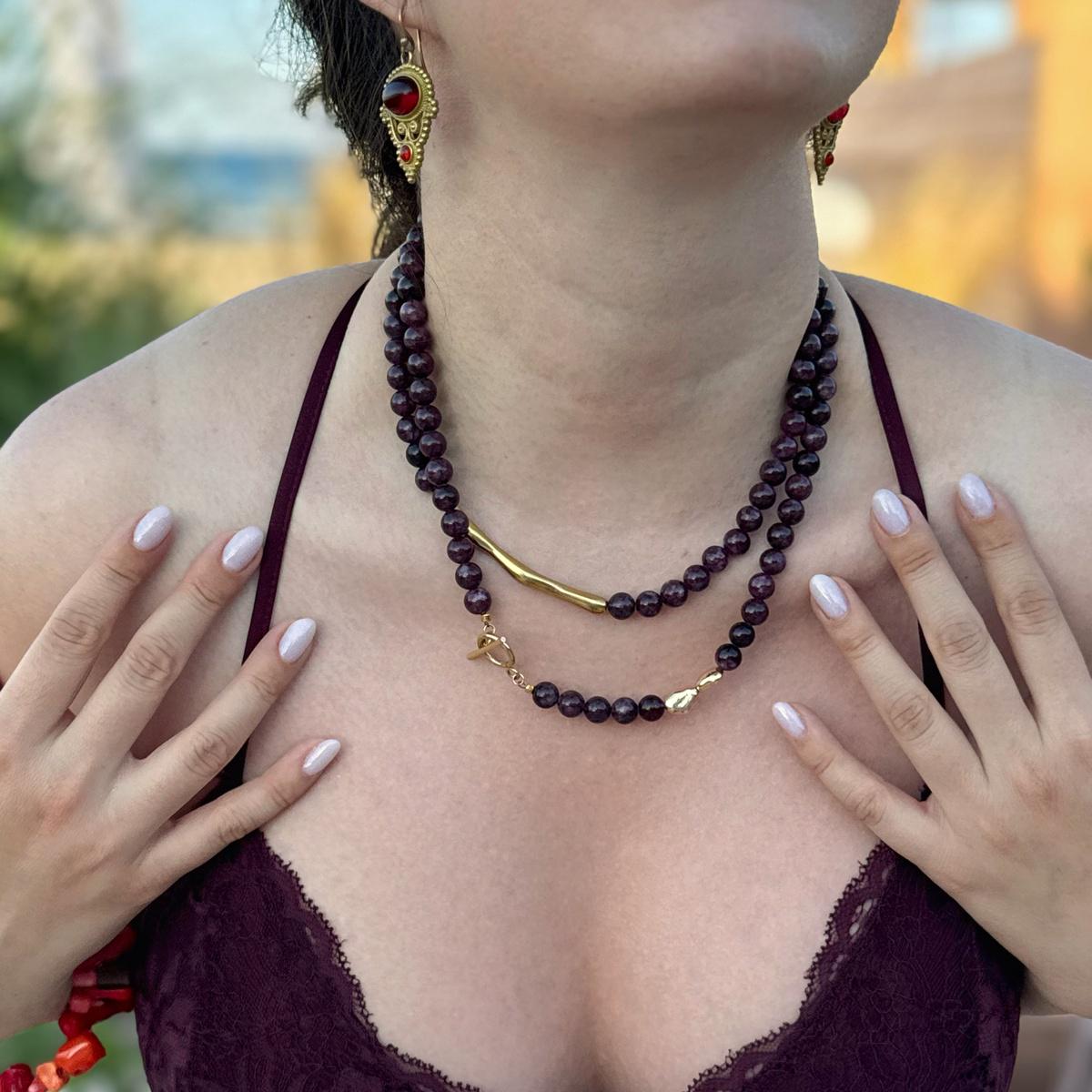 Garnet Double Layer Necklace, Gold Layered Gemstone Necklace, Natural Garnet Jewelry, 18K Gold Plated