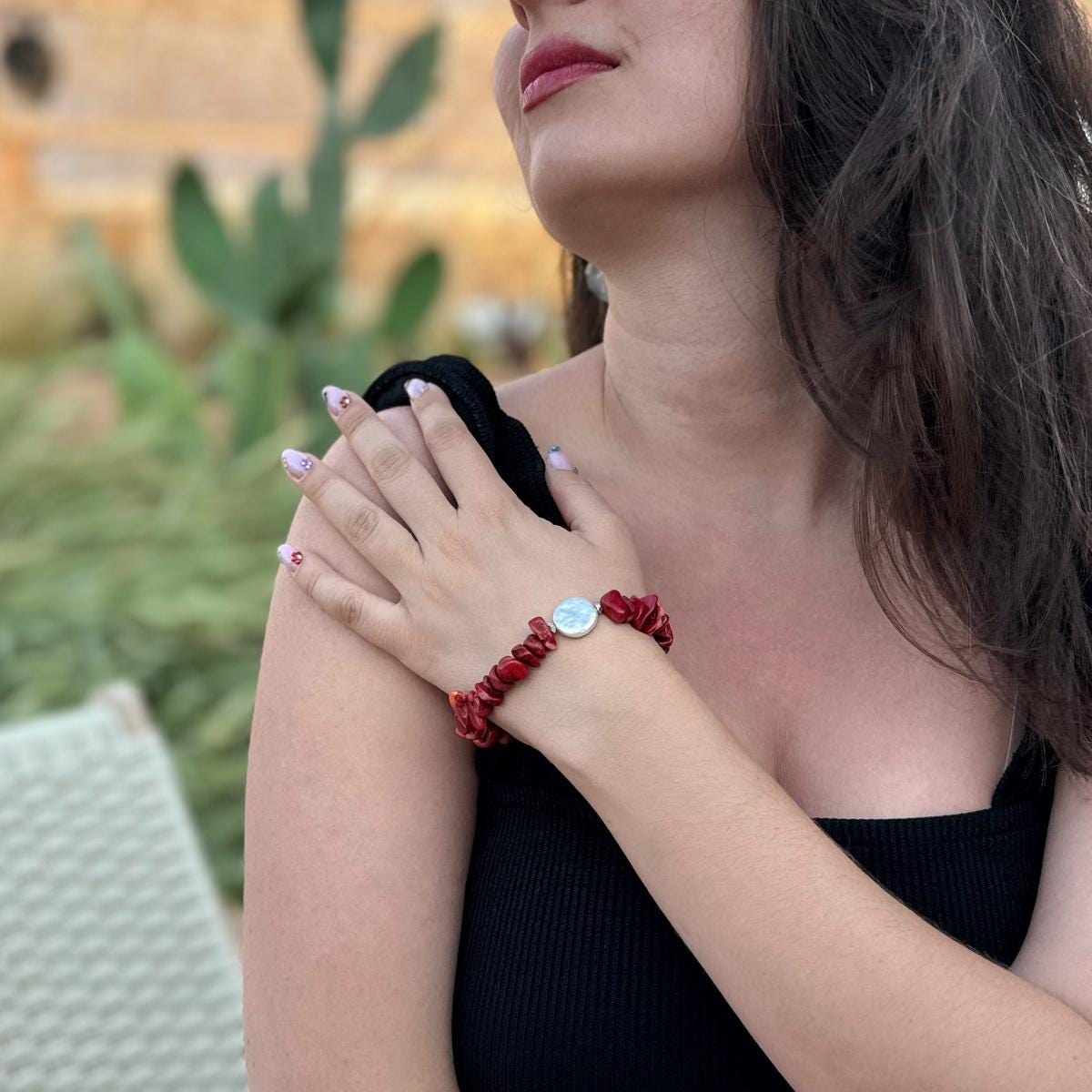 Elegant Red Coral chip bracelet with Baroque Pearl
