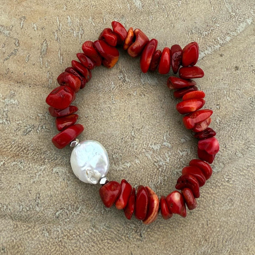 Elegant Red Coral chip bracelet with Baroque Pearl