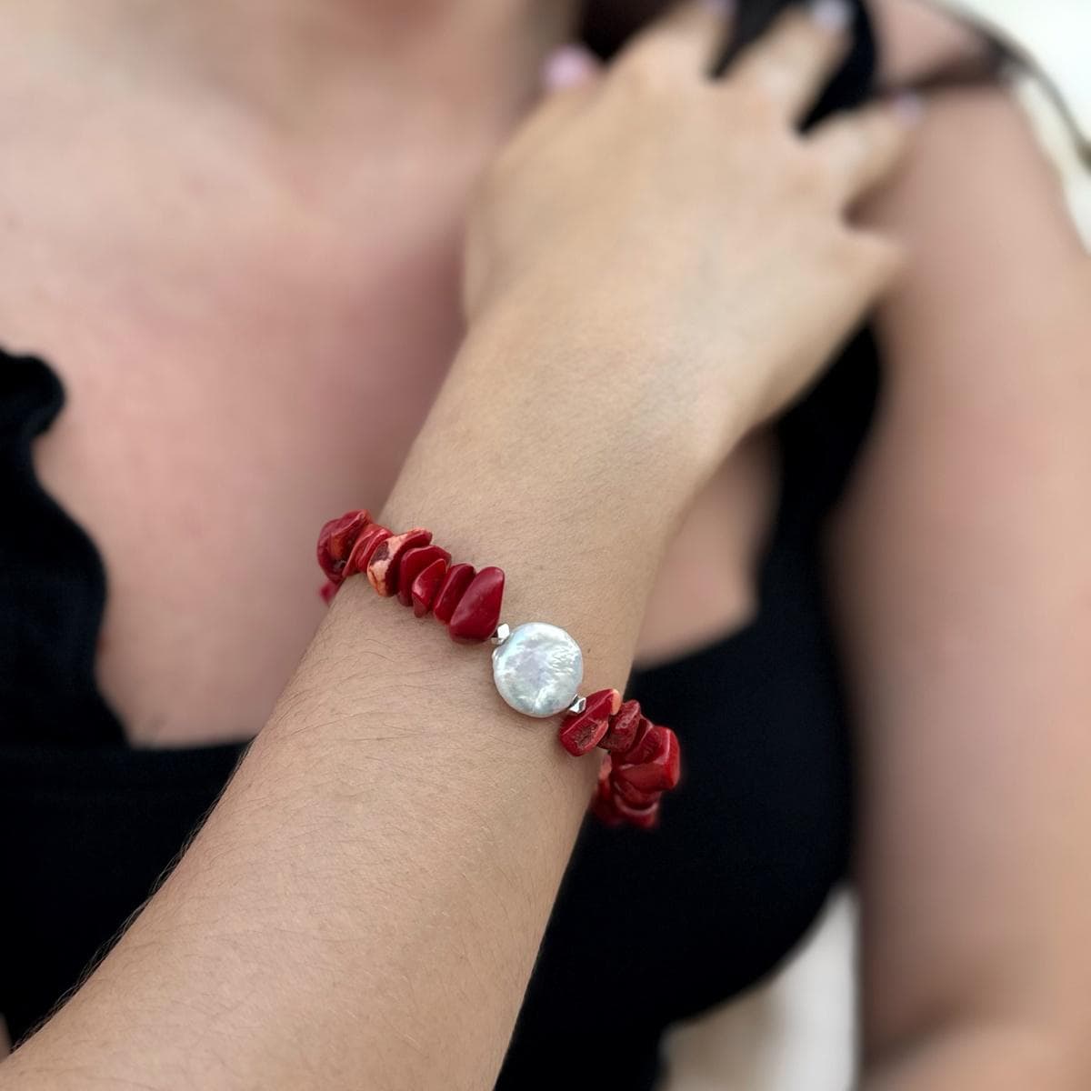 Elegant Red Coral chip bracelet with Baroque Pearl