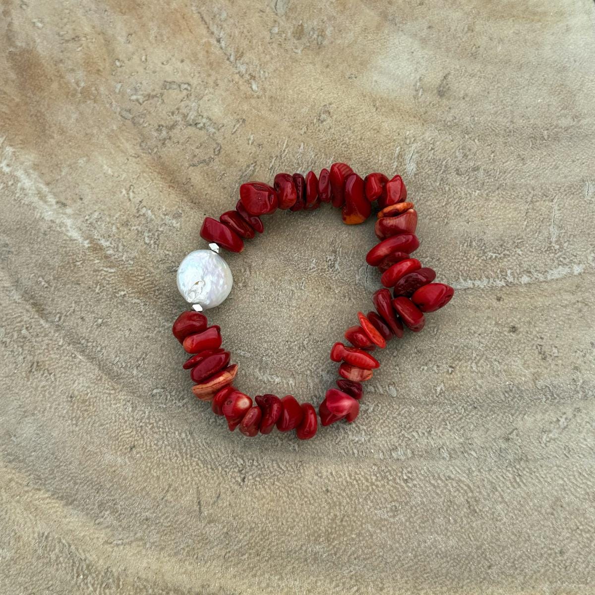 Elegant Red Coral chip bracelet with Baroque Pearl