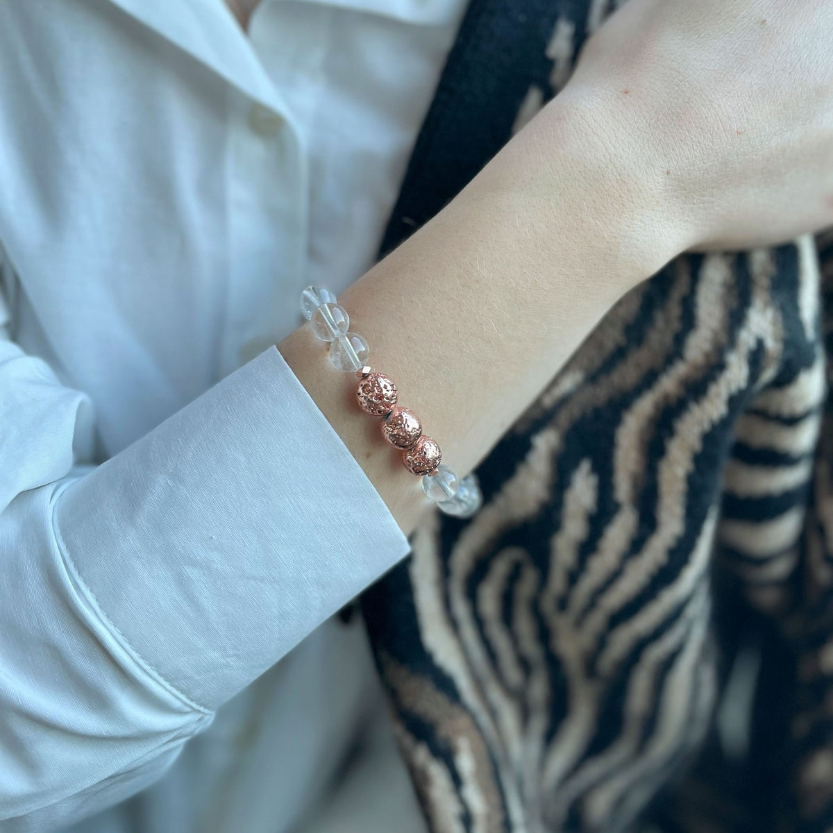 Natural Clear Quartz bracelet with rose gold Lava stone