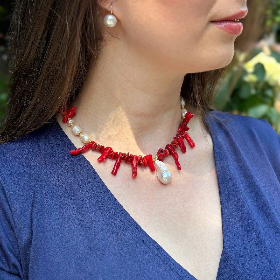 Statement Red Coral & Baroque Pearl Necklace