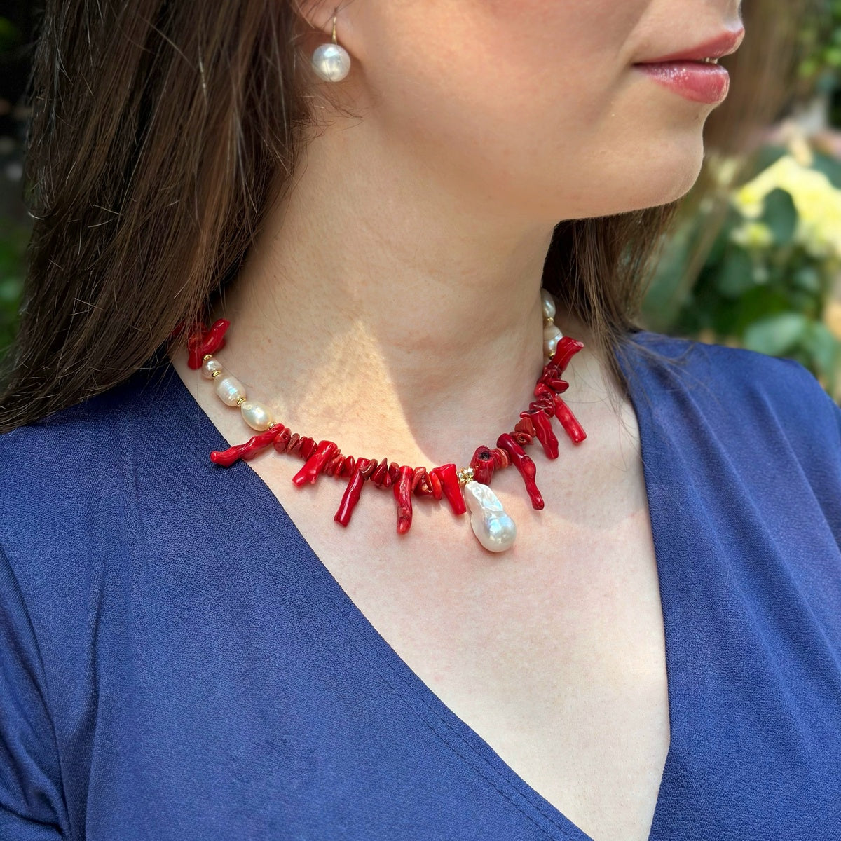 Statement Red Coral & Baroque Pearl Necklace