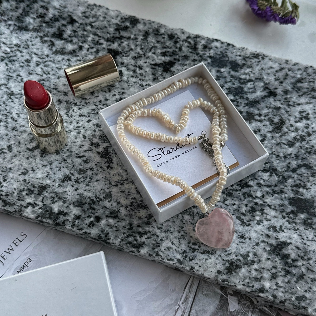 Romantic Pearl Choker with Rose Quartz Heart