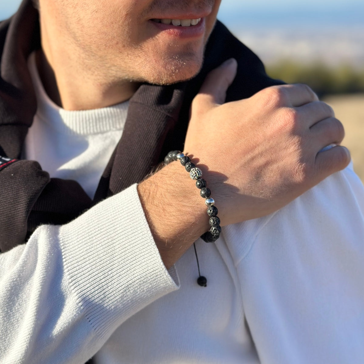 Premium Lava Stone Bracelet for Him | Steel Beads & Black Zircon Centerpiece