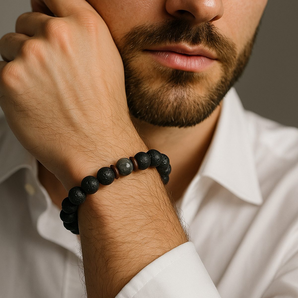 Men’s Lava Stone & Labradorite Bracelet | Coconut Wood