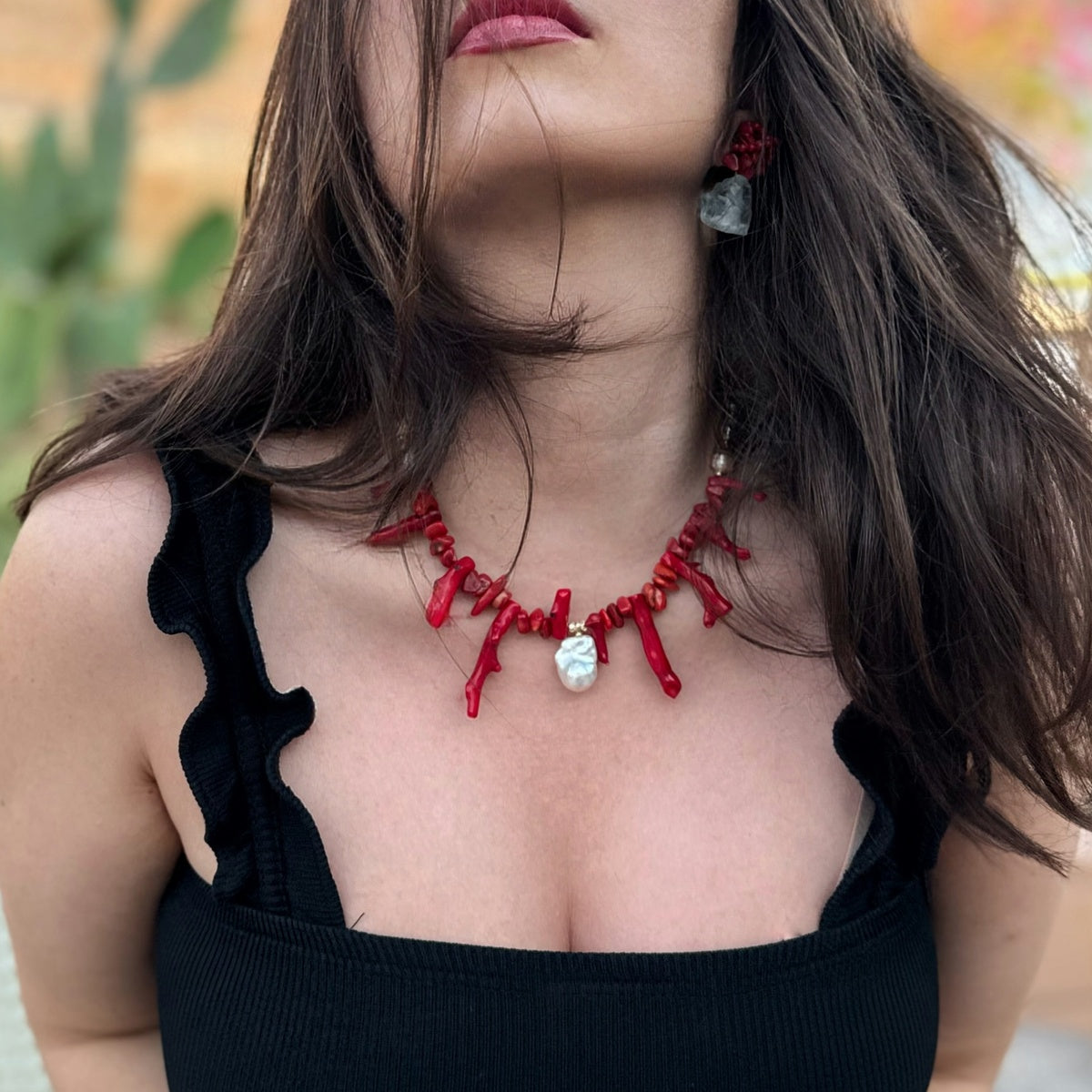 Statement Red Coral & Baroque Pearl Necklac,| Boho Chic Jewelry, Summer Necklace