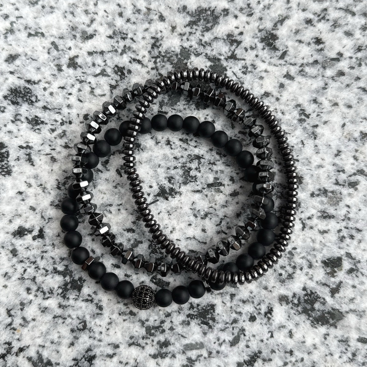 Men’s Black Onyx & Hematite Bracelet Set | Black Zircon
