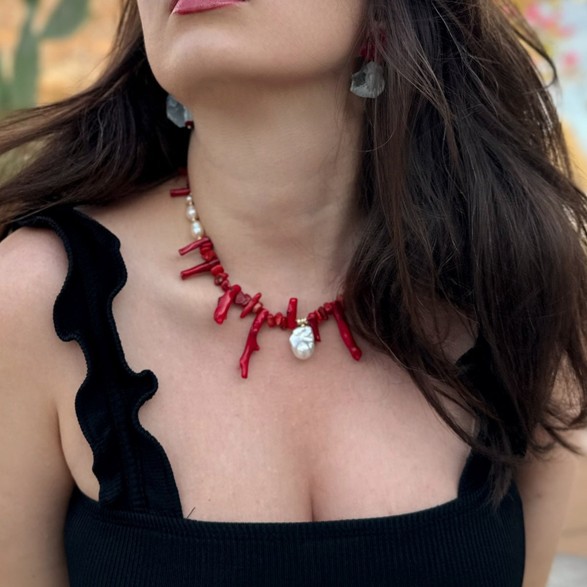 Statement Red Coral & Baroque Pearl Necklac,| Boho Chic Jewelry, Summer Necklace