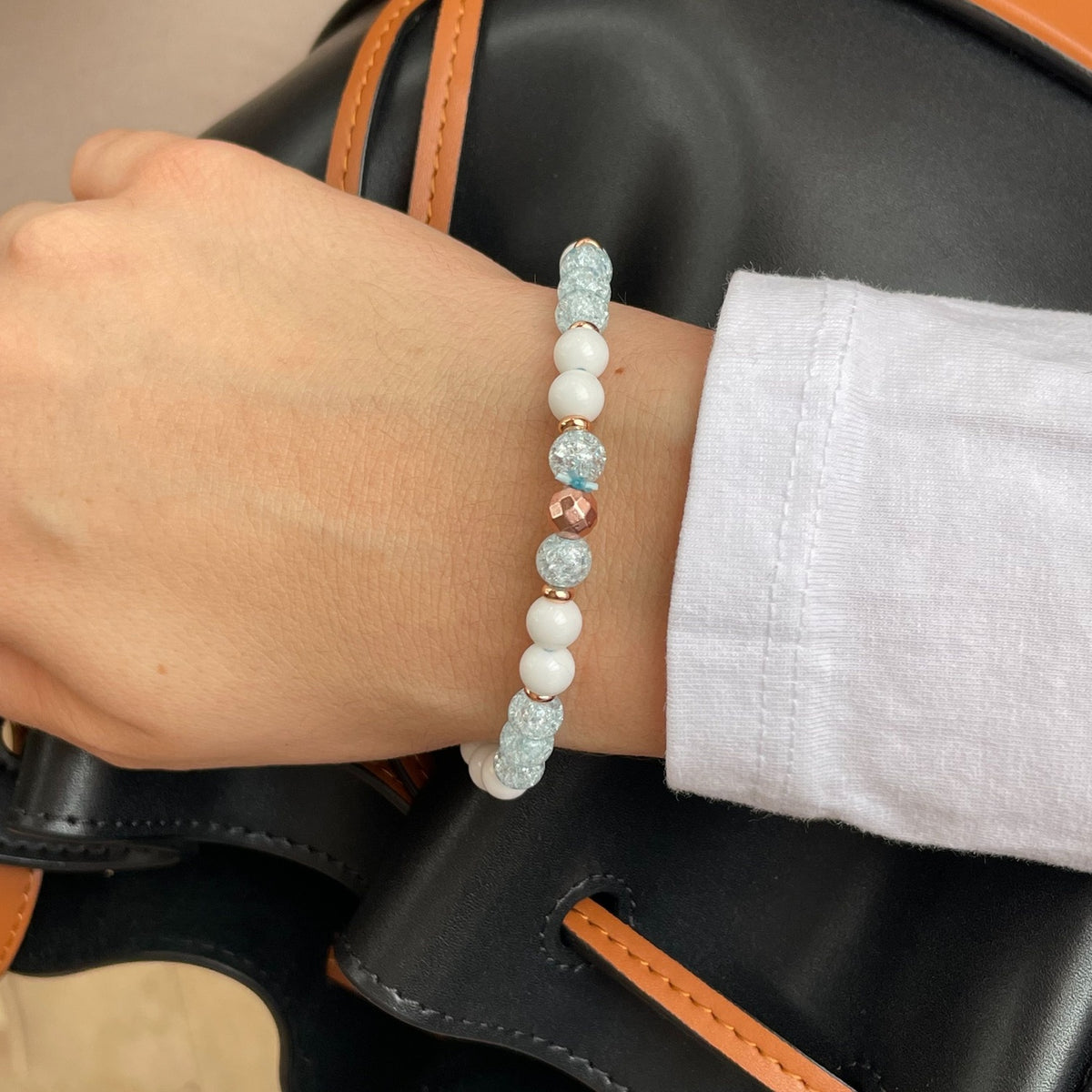 Blue Sugar Quartz Bracelet | White Agate & Rose Gold Accents