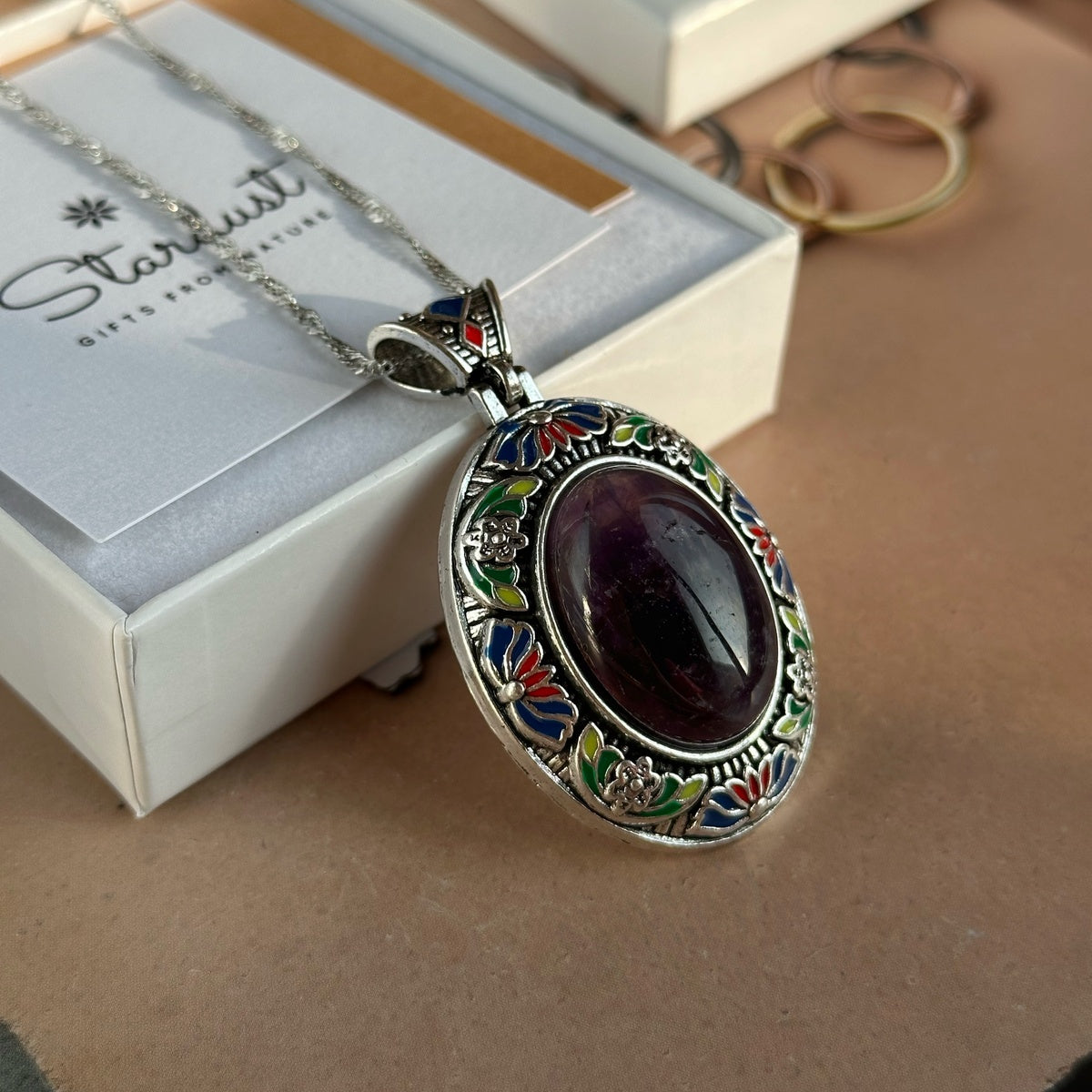 Vintage Floral Frame Gemstone Necklace | Natural Stone Pendant
