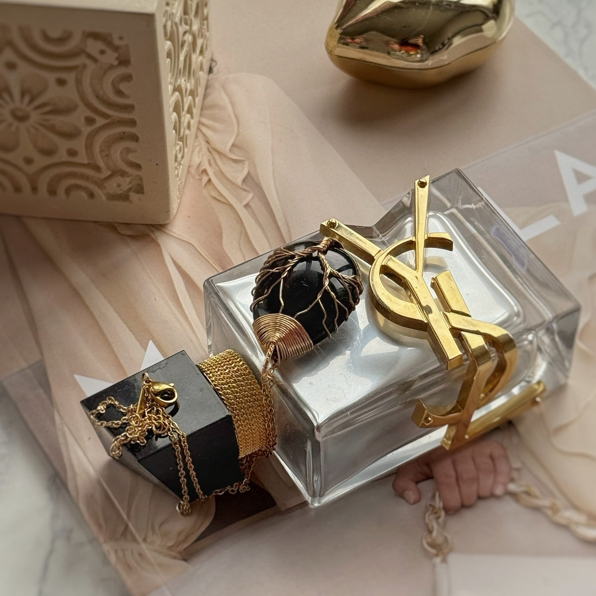 Obsidian Pendant, gold wired Tree Of Life pendant
