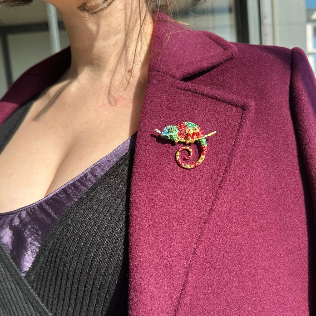 Colorful Chameleon Brooch with Zircons