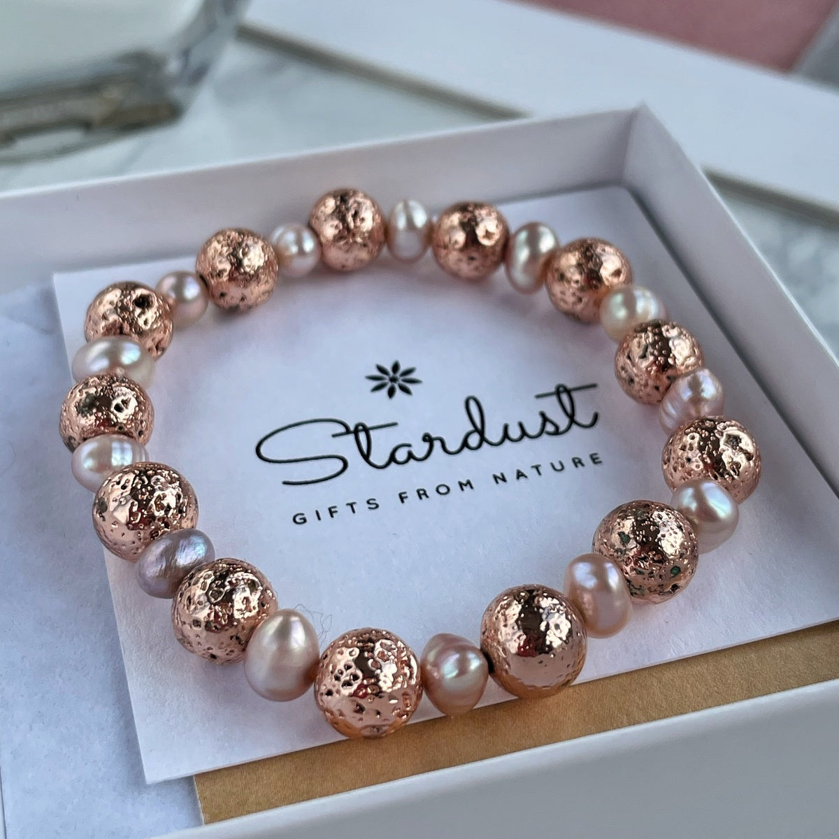 Natural Lavender & Pink Freshwater Pearl Bracelet | Rose Gold Lava Stone