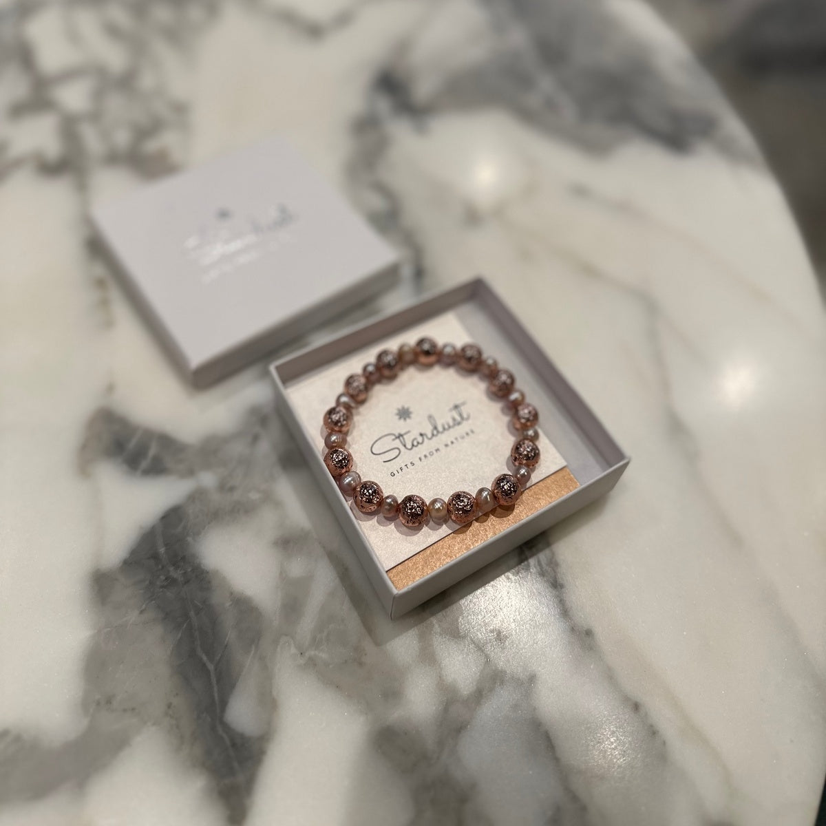 Natural Lavender & Pink Freshwater Pearl Bracelet | Rose Gold Lava Stone
