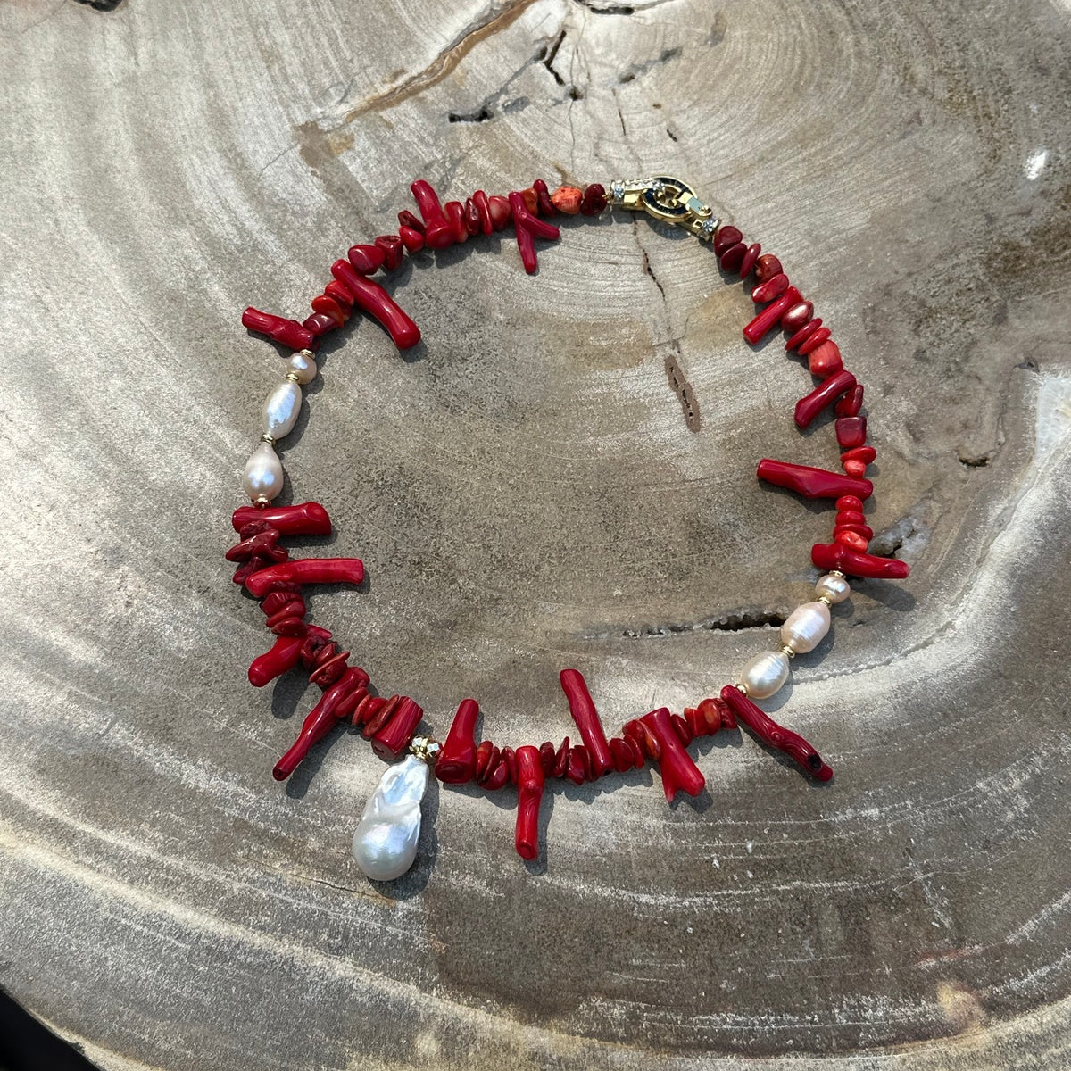 Statement Red Coral & Baroque Pearl Necklace