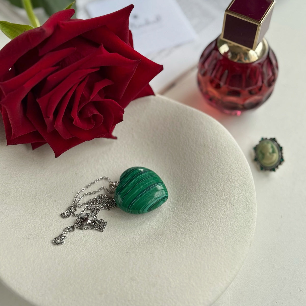 Large Malachite Heart Pendant Necklace | Silver