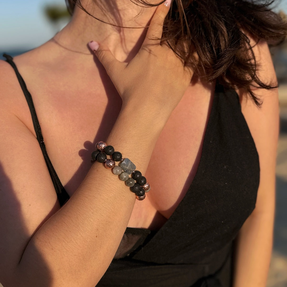 Labradorite Lava Rose Gold Bracelet Stack, Boho Natural Aromatherapy Gemstone Bracelet