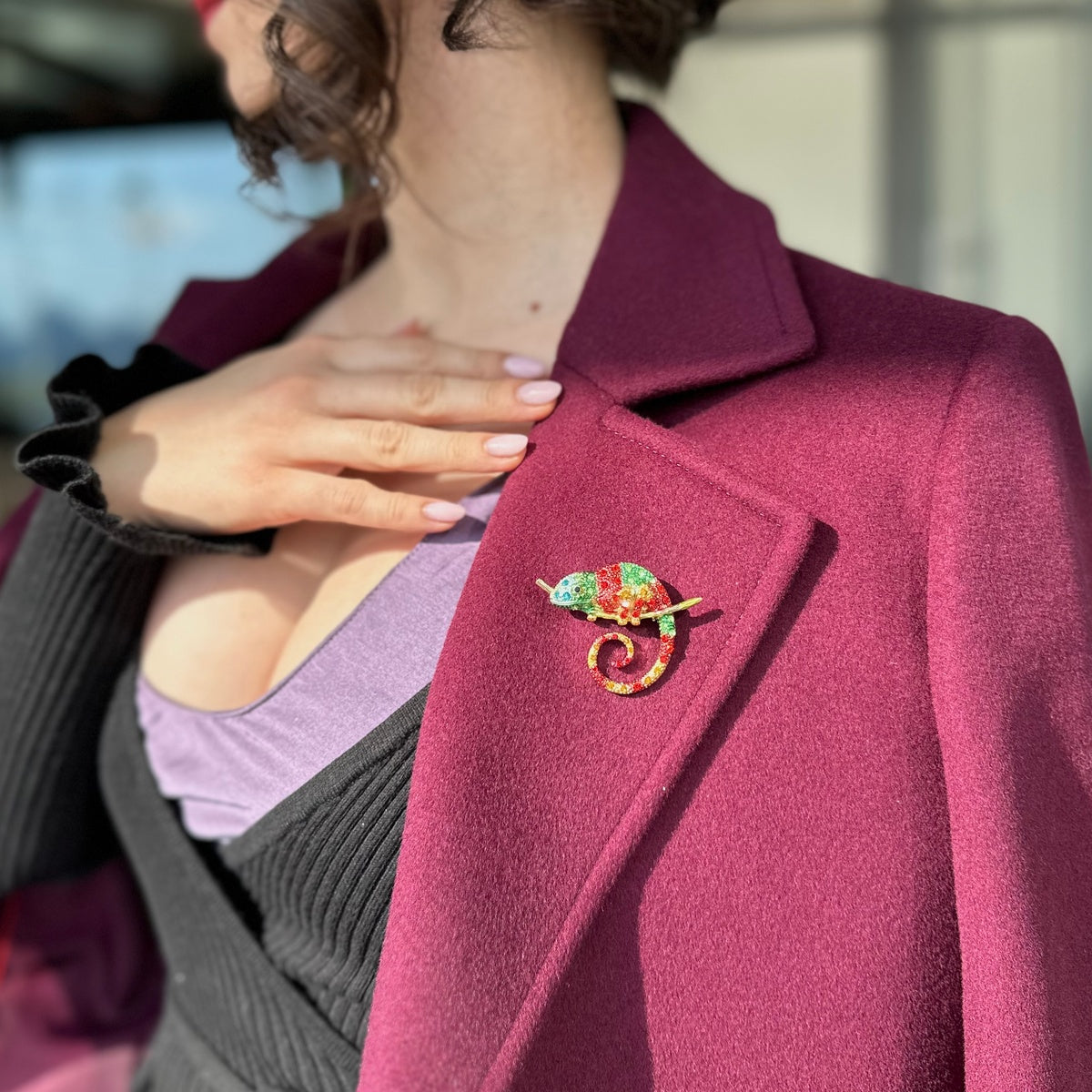 Colorful Chameleon Brooch with Zircons