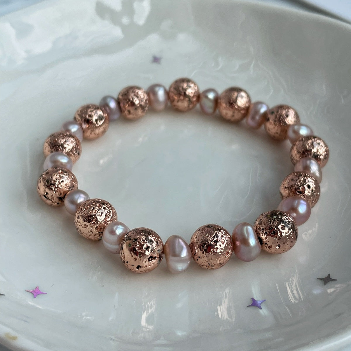 Natural Lavender & Pink Freshwater Pearl Bracelet | Rose Gold Lava Stone