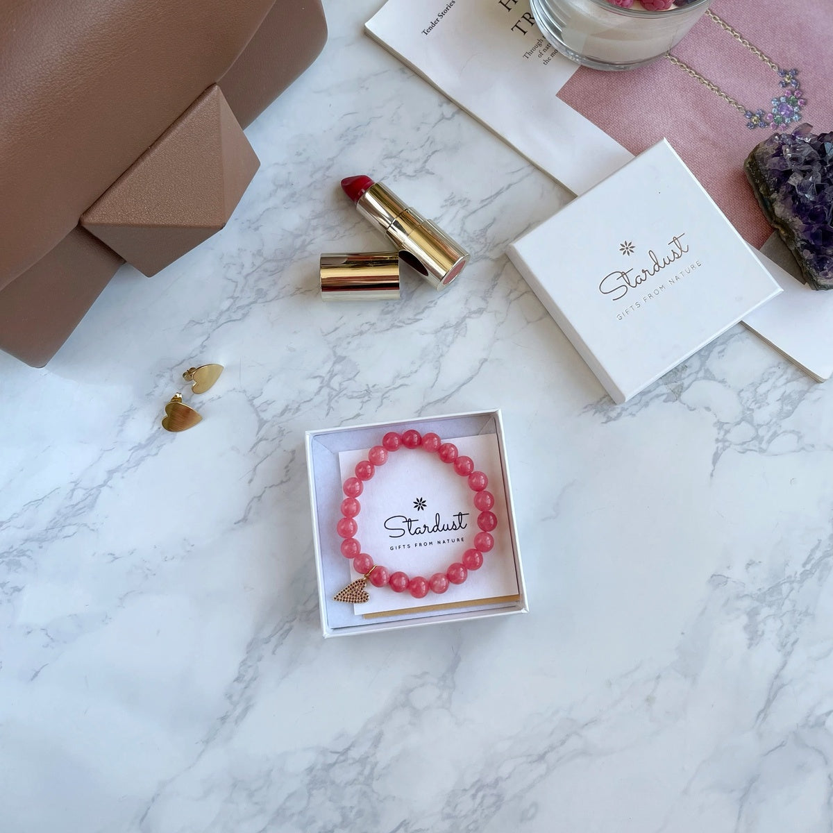 Rose Jade Heart Charm Bracelet | Pink Gemstone & Gold Zirconia