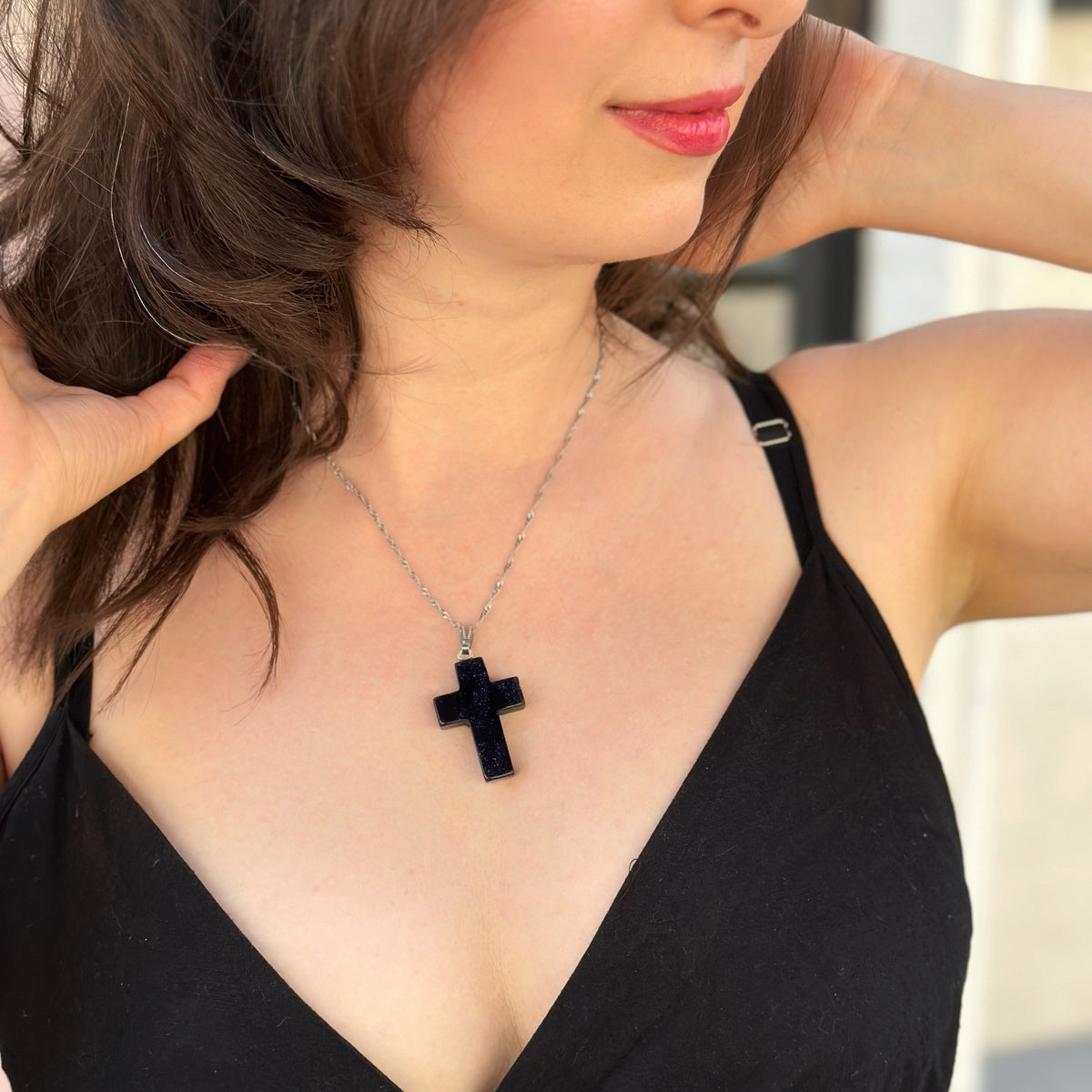 Large Blue Goldstone Cross Pendant Necklace 4cm | Midnight Blue Gemstone Jewelry