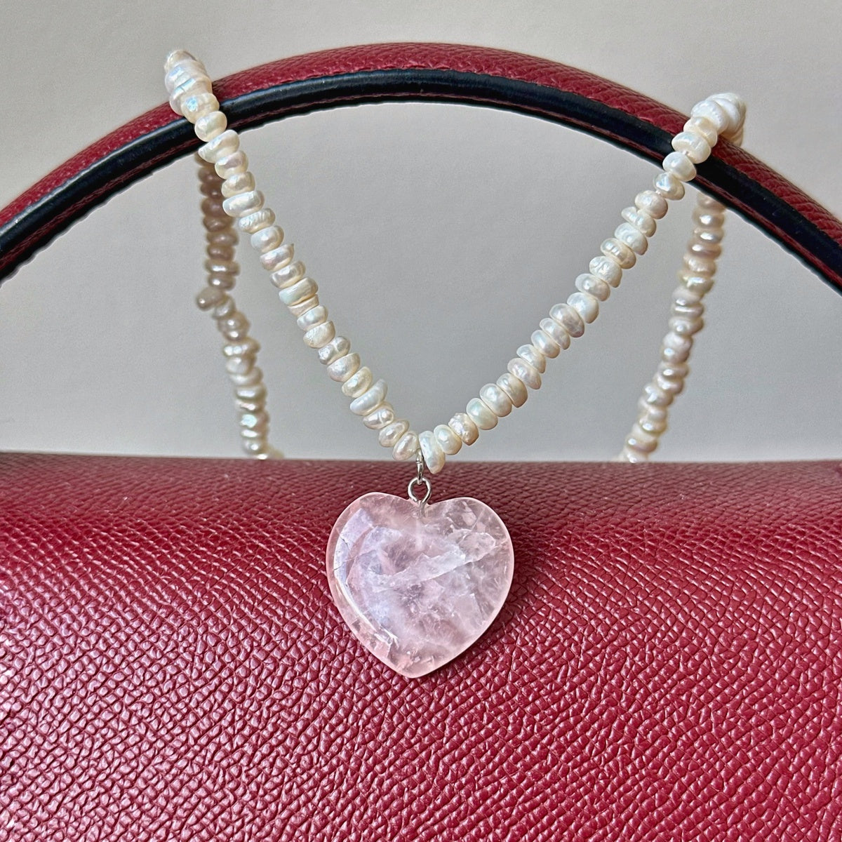 Romantic Pearl Choker with Rose Quartz Heart