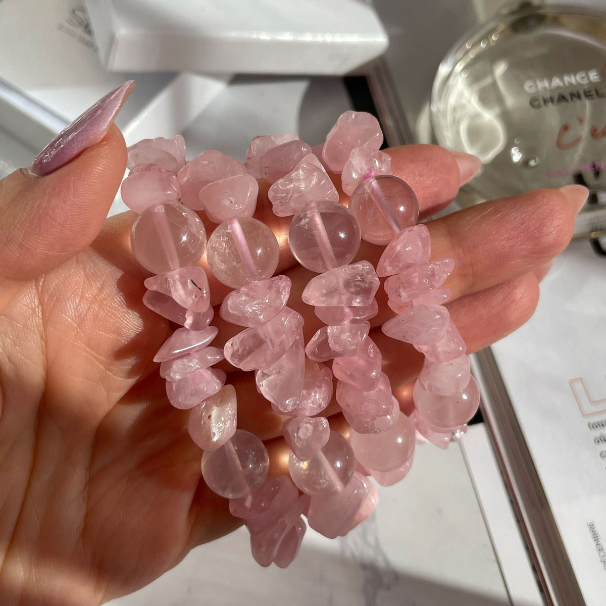 Madagascar Rose Quartz Bracelet | Deep Pink Crystal Chips