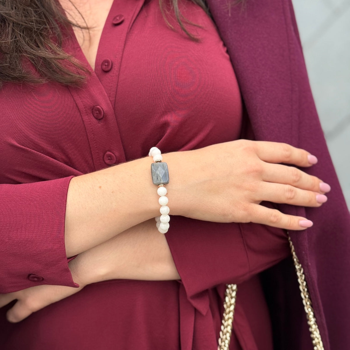 Natural Labradorite & Beige Jade Bracelet 8mm | Rose Gold