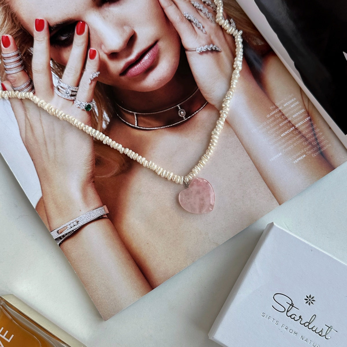 Romantic Pearl Choker with Rose Quartz Heart