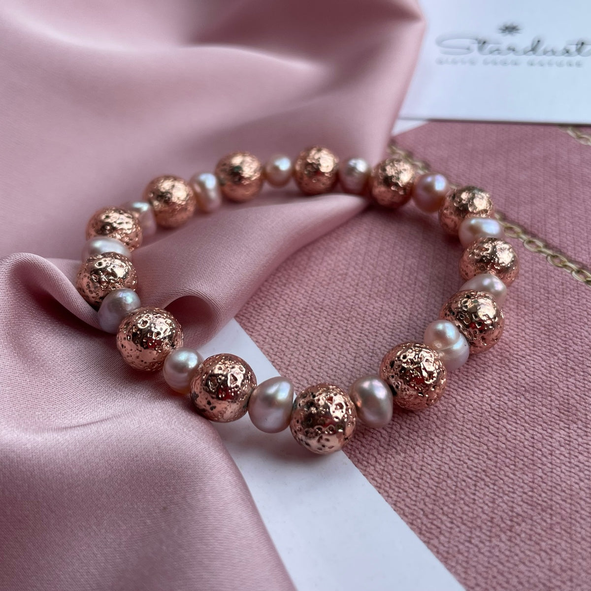 Natural Lavender & Pink Freshwater Pearl Bracelet | Rose Gold Lava Stone