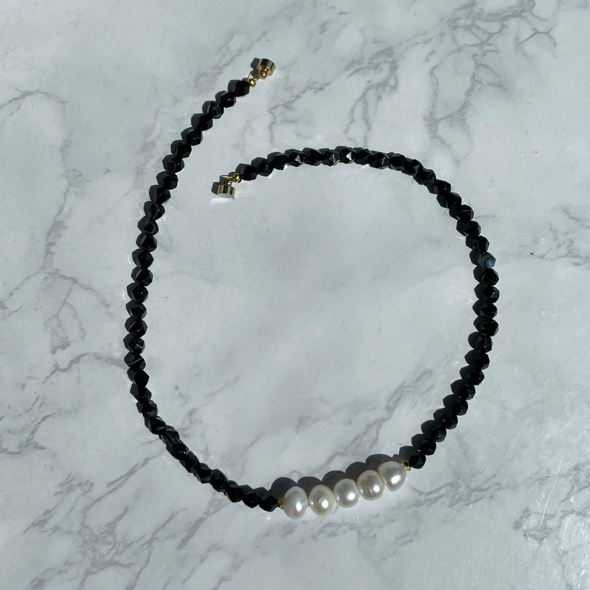 Black Agate & White Pearl Choker Necklace