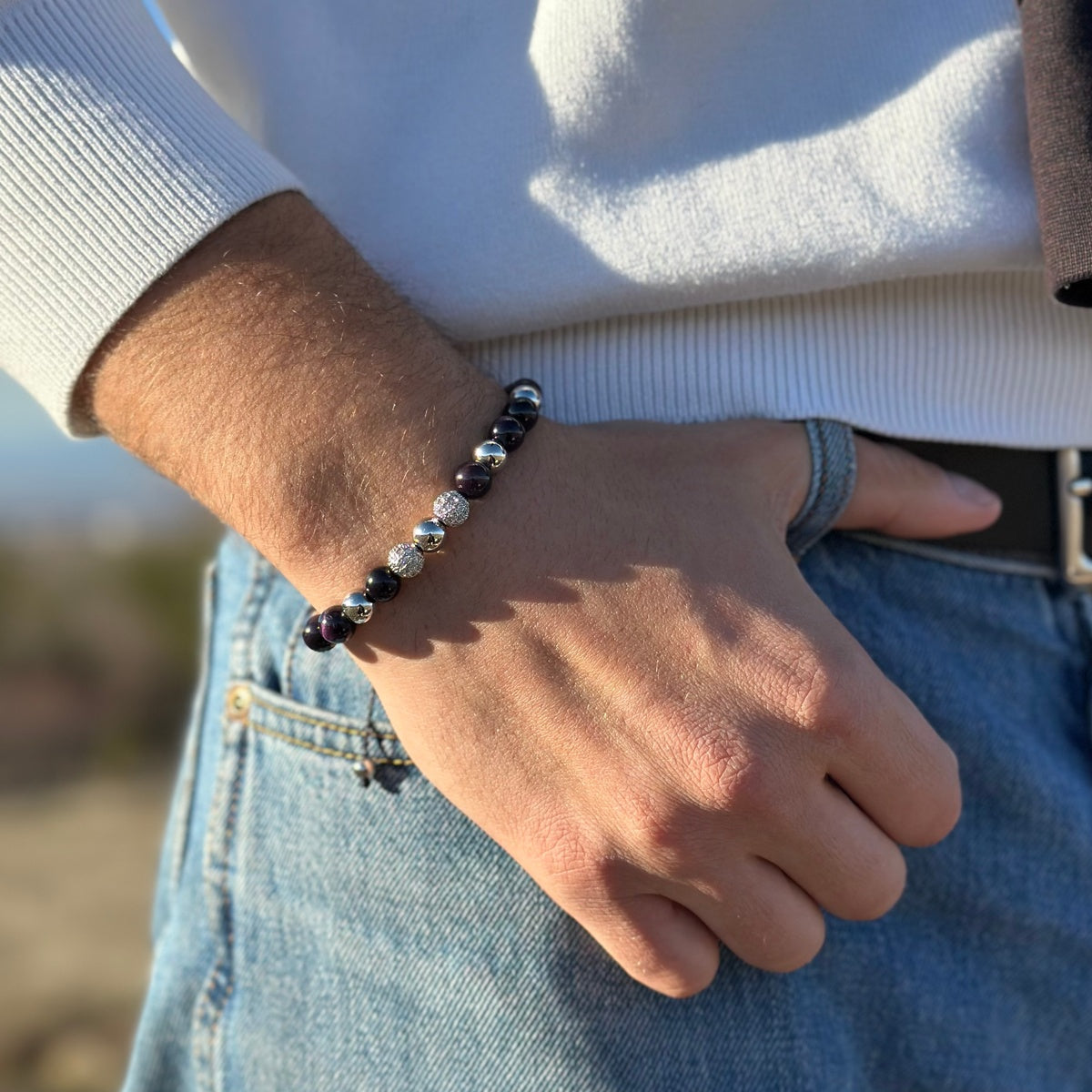 Luxury Men’s Bracelet Purple Tiger Eye Bracelet for Him | Zircon Centerpiece