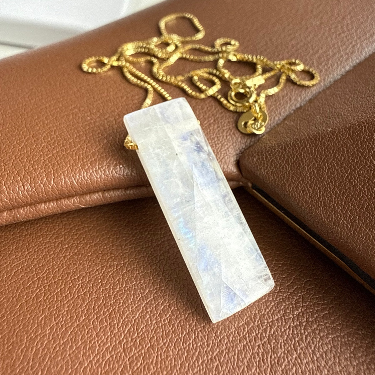 Rainbow Moonstone Bar Necklace 3cm | 18K Gold Plated