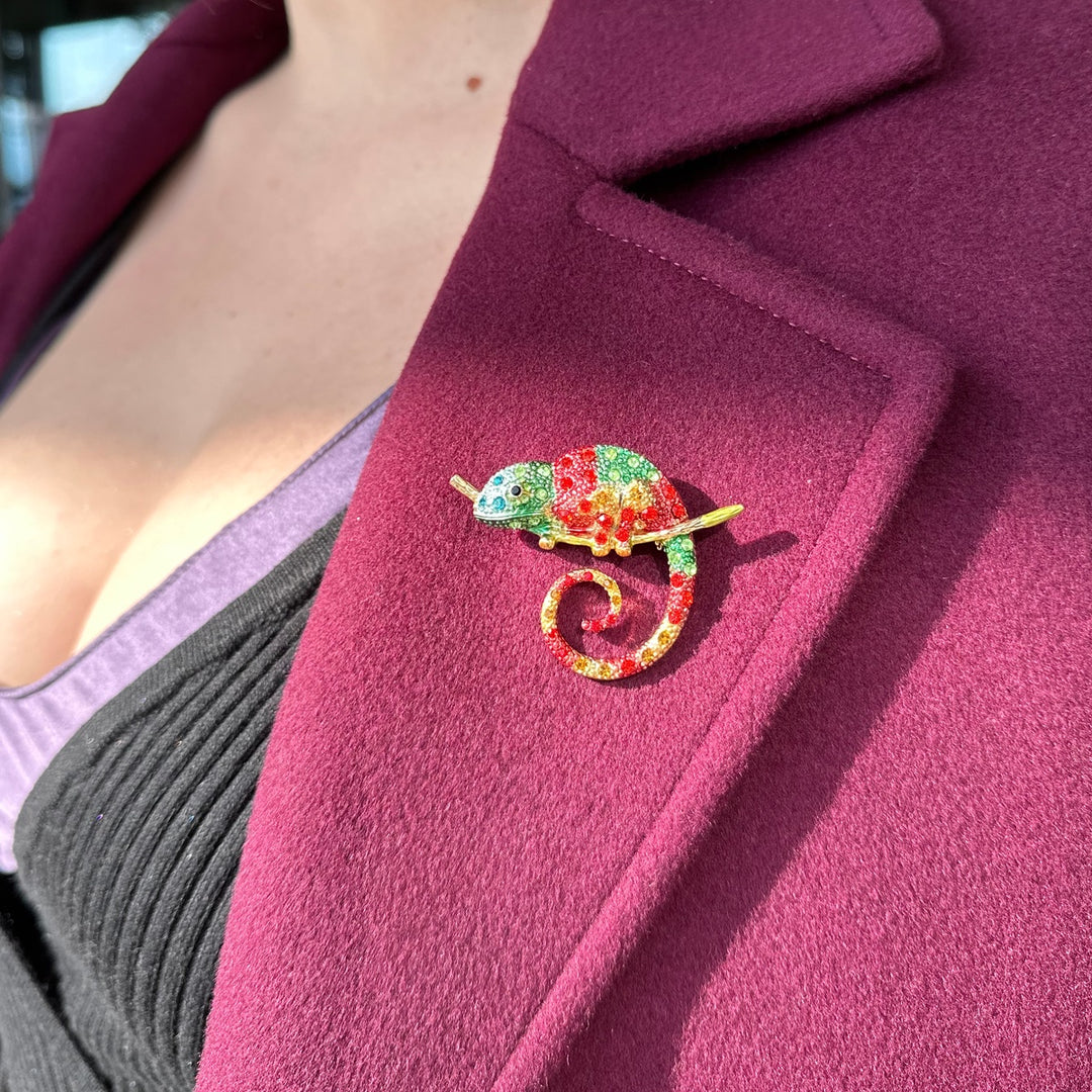 Colorful Chameleon Brooch with Zircons