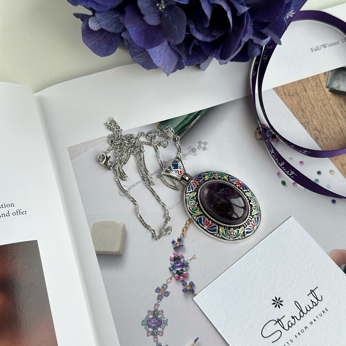 Vintage Floral Frame Gemstone Necklace | Natural Stone Pendant