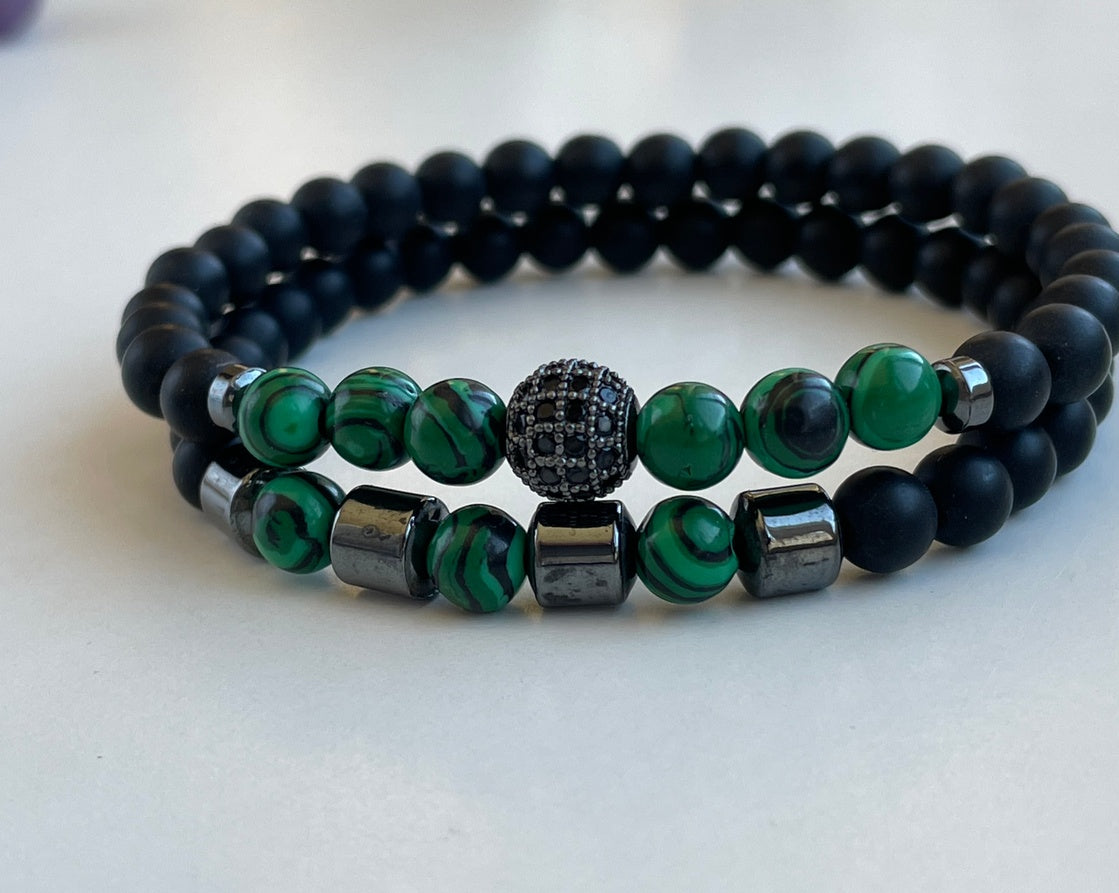 Green malachite mens bracelet set